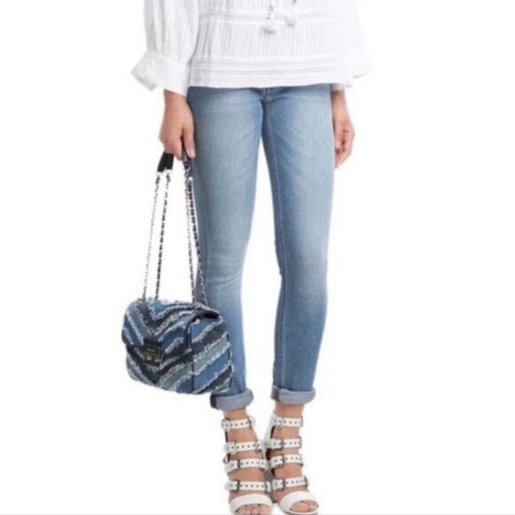Michael Kors Sloan Denim Crossbody Shoulder Bag Blue Chevron Fringe Patchwork - Picture 2 of 16